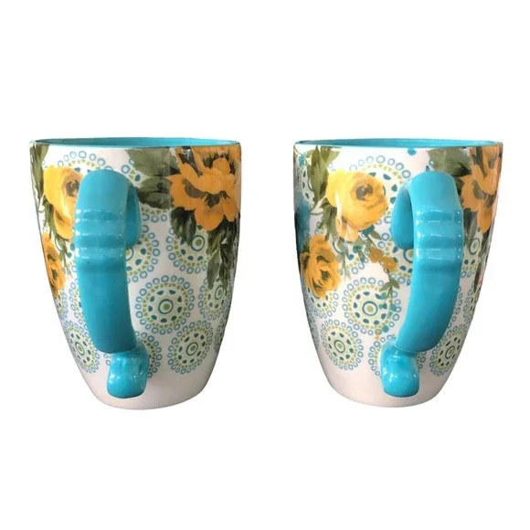 Pioneer Woman ROSE SHADOW Teal Floral Stoneware 24oz Jumbo Latte Cups Mugs Set 2 - Picture 2 of 7